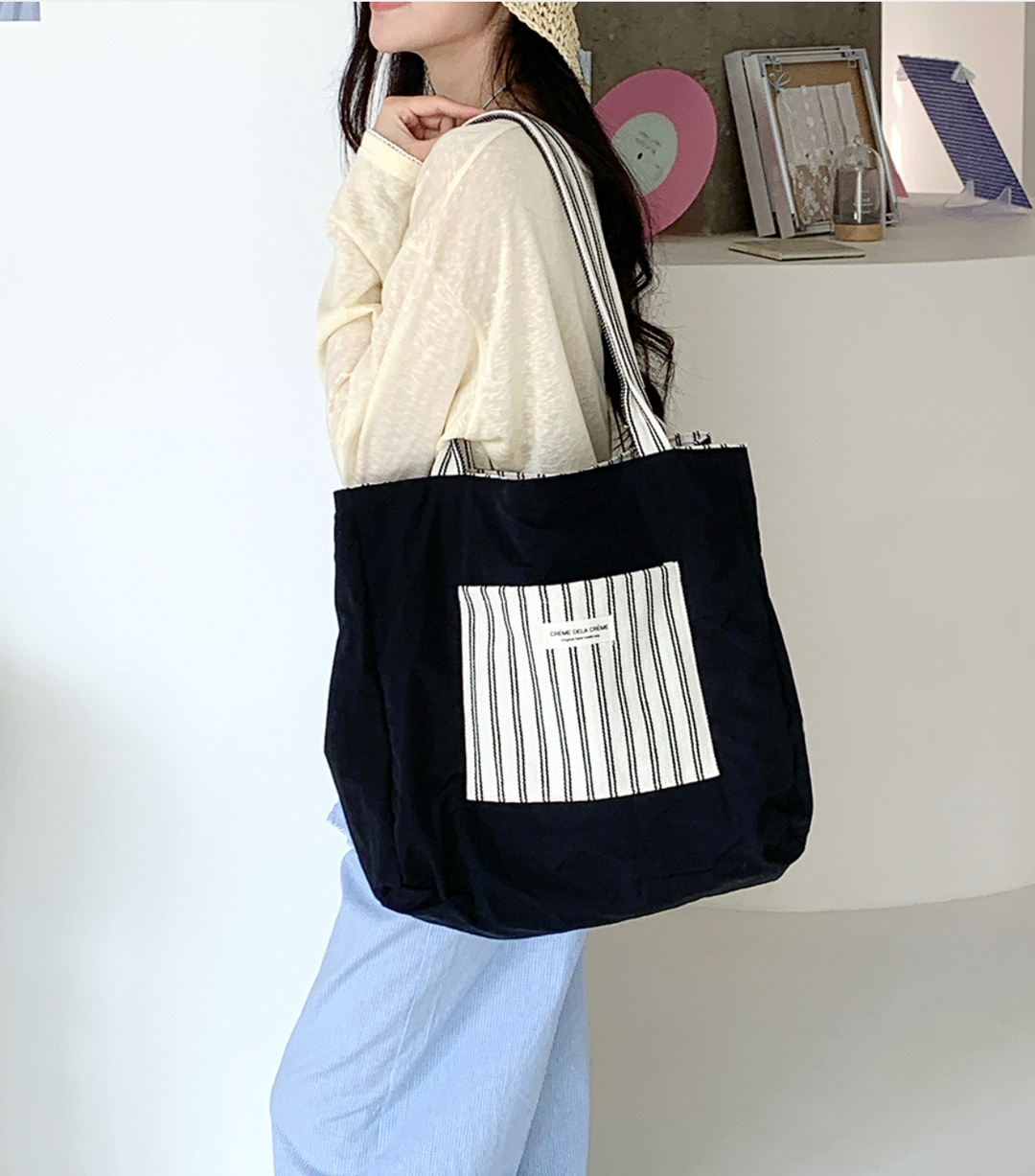 Crème Reversible Stripe Shoulder Tote Bag