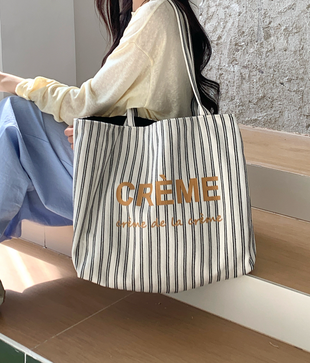 Crème Reversible Stripe Shoulder Tote Bag