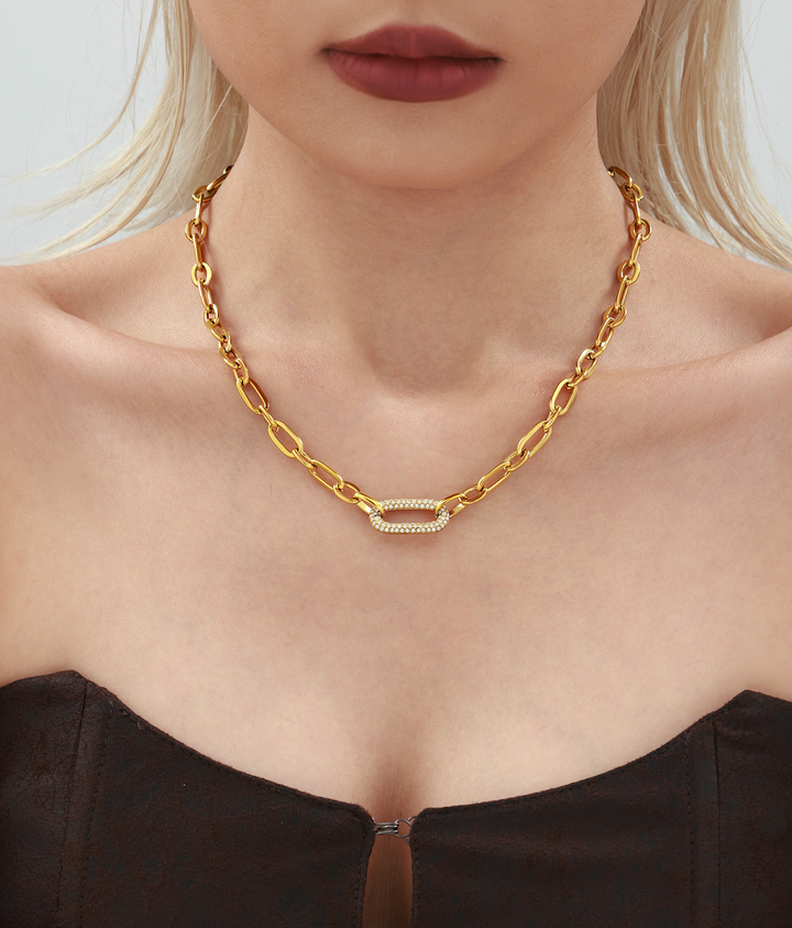 Gold Paperclip Chain Necklace with Pavé Link