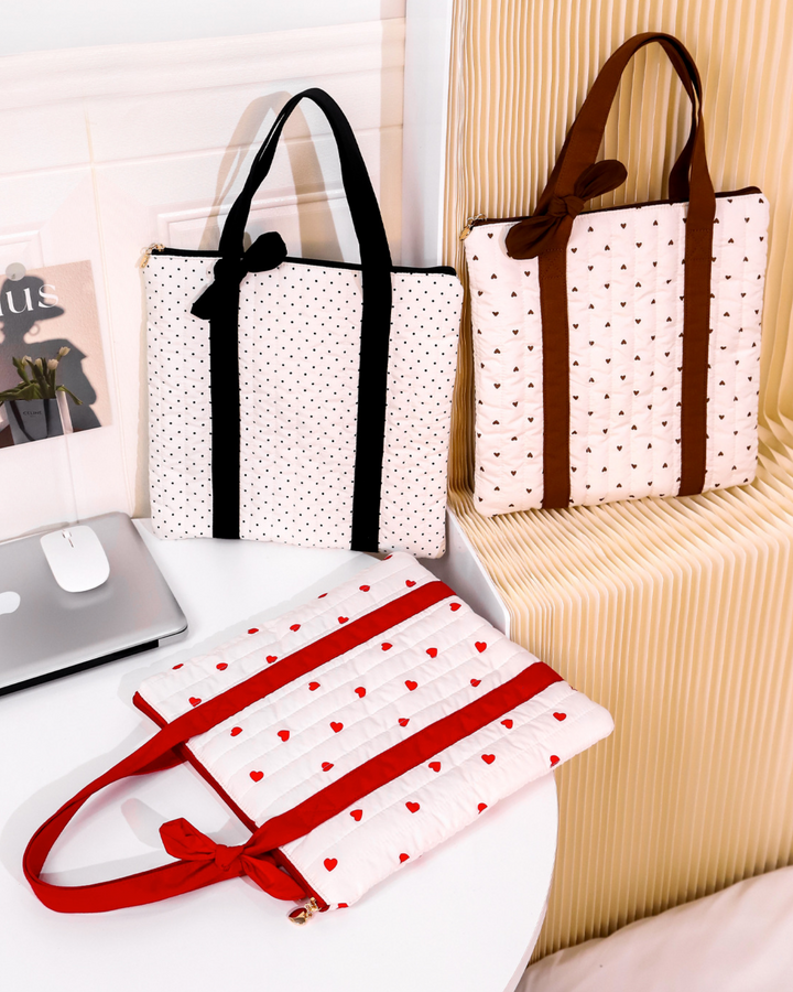 Three bags with different patterns and colors on a white surface.