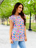 Colorful Pattern Ruffle Top - Blue Orange Floral