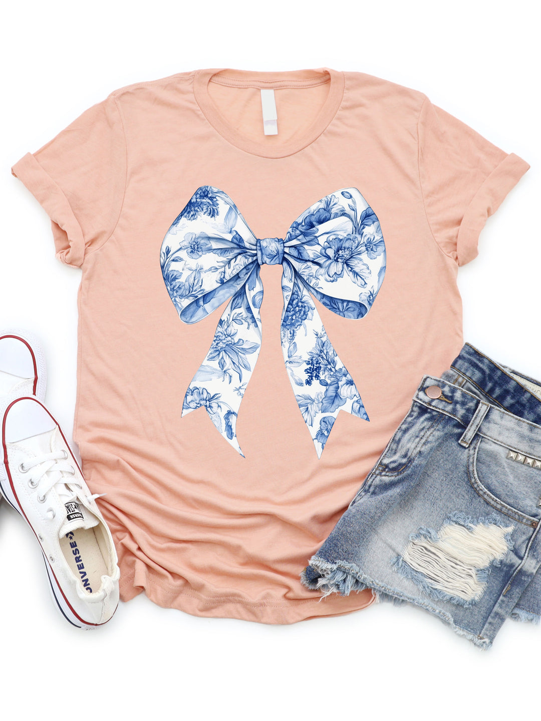 Blue White Floral Coquette Bow Graphic Tee