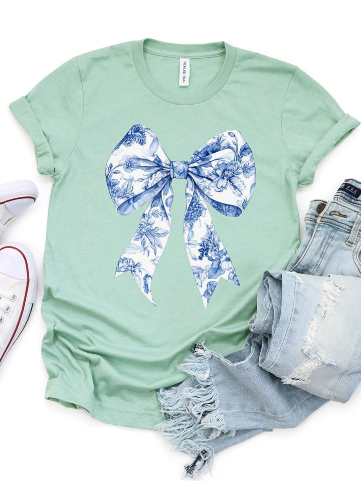 Blue White Floral Coquette Bow Graphic Tee