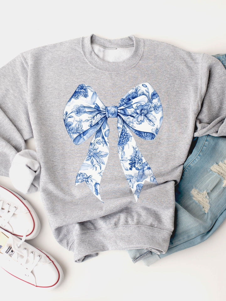 Blue White Floral Coquette Bow Graphic Sweatshirt