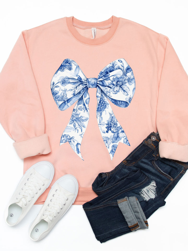 Blue White Floral Coquette Bow Graphic Sweatshirt