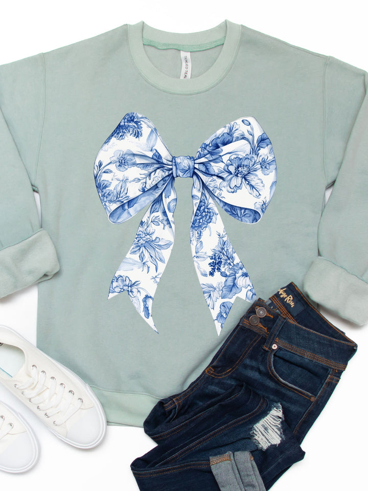 Blue White Floral Coquette Bow Graphic Sweatshirt