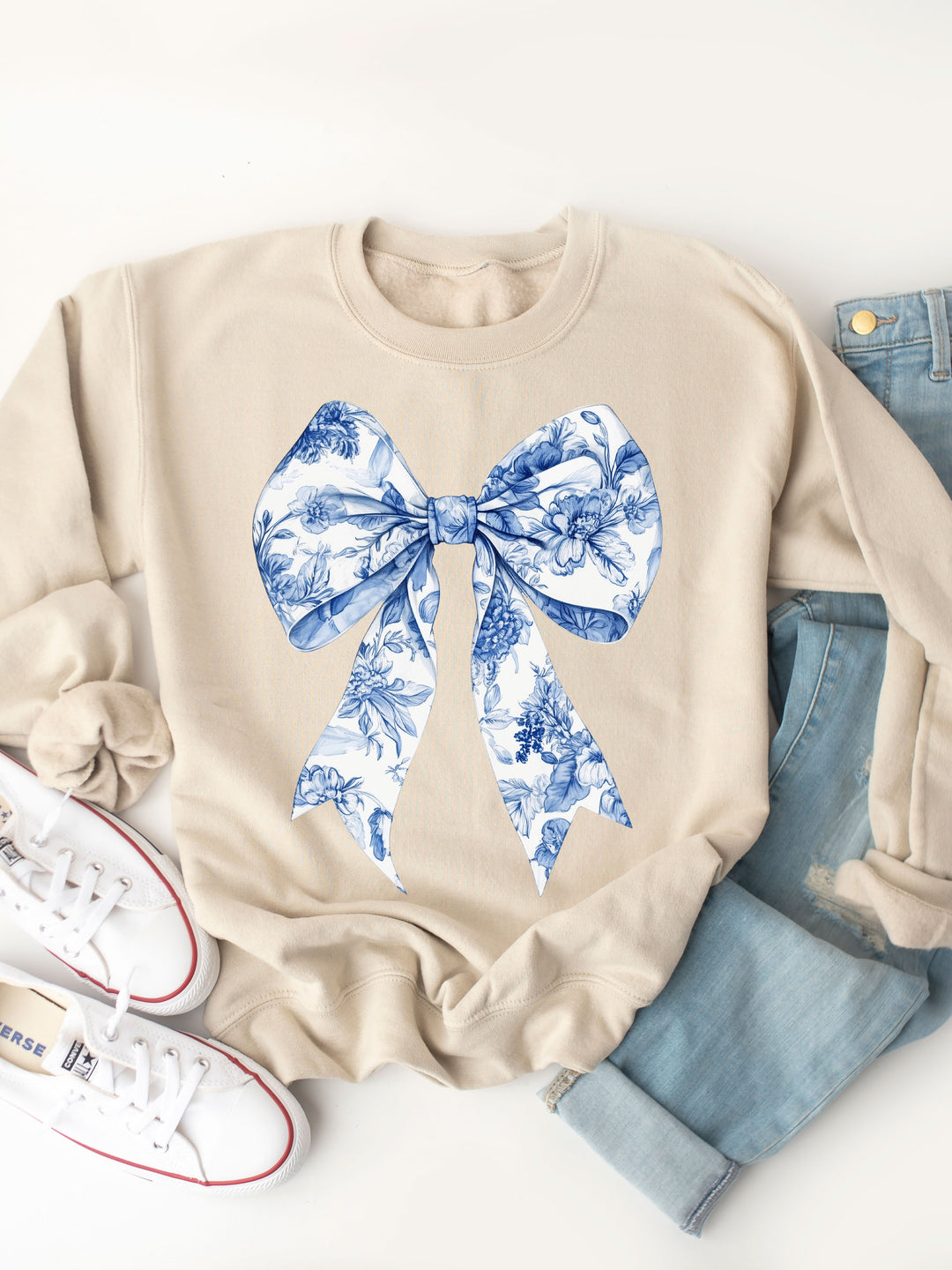 Blue White Floral Coquette Bow Graphic Sweatshirt