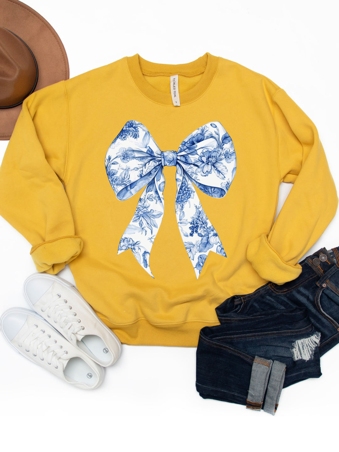 Blue White Floral Coquette Bow Graphic Sweatshirt