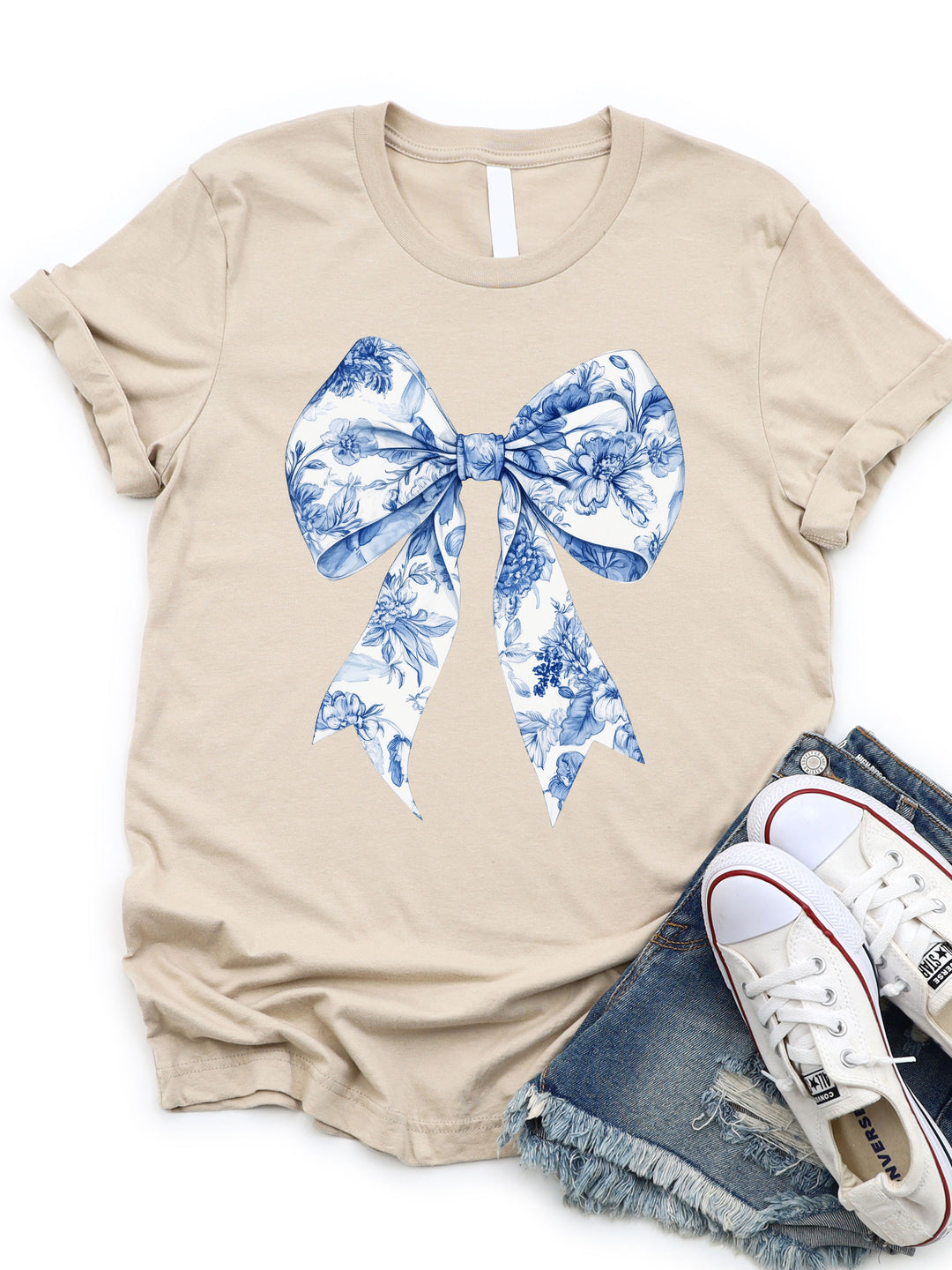 Blue White Floral Coquette Bow Graphic Tee