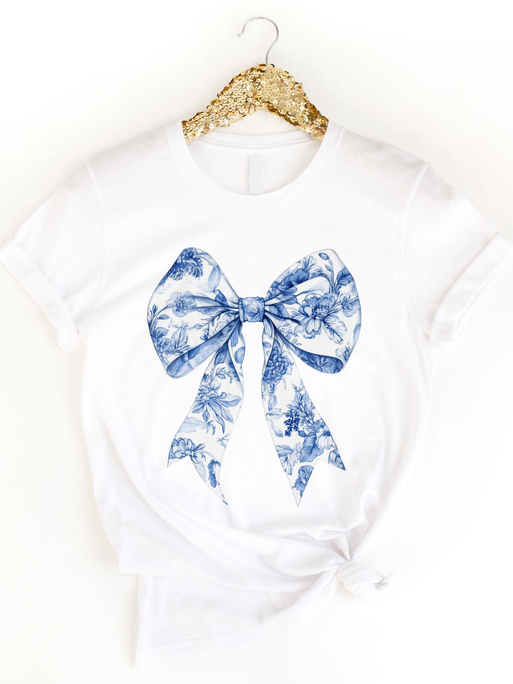 Blue White Floral Coquette Bow Graphic Tee