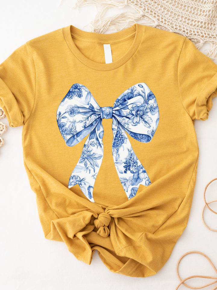 Blue White Floral Coquette Bow Graphic Tee