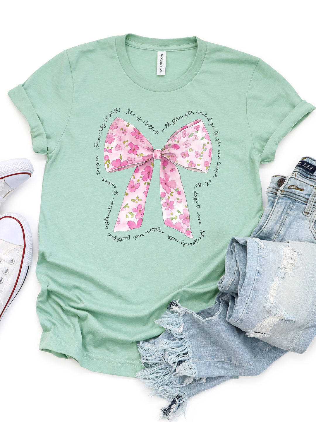 She is Clothed in Strength Floral Bow Graphic Tee