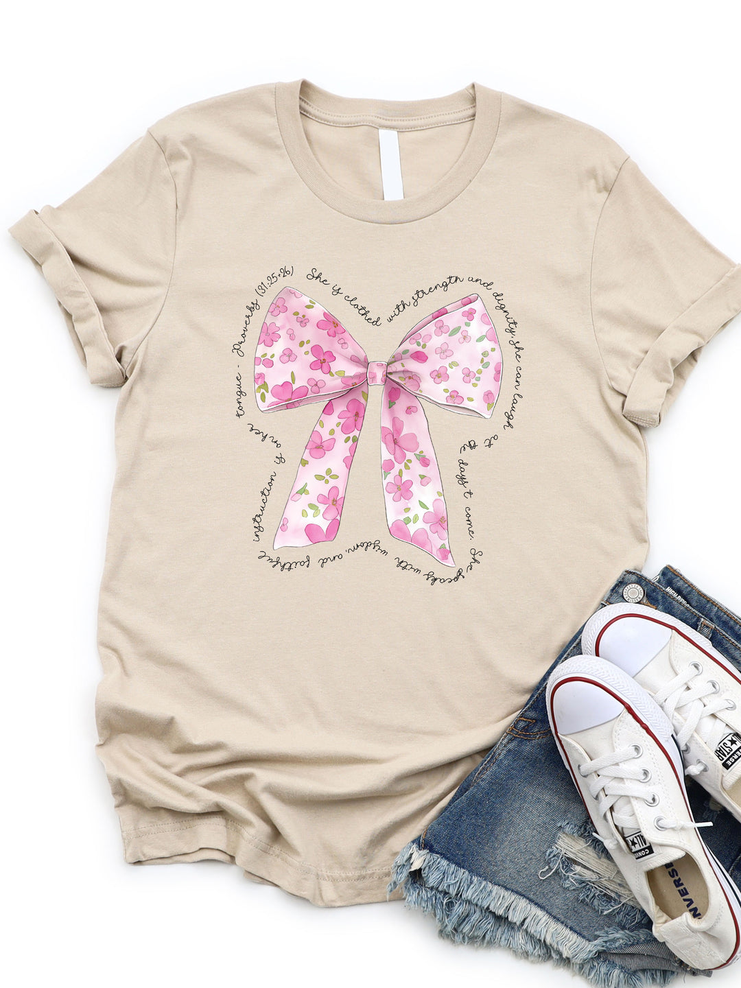 She is Clothed in Strength Floral Bow Graphic Tee