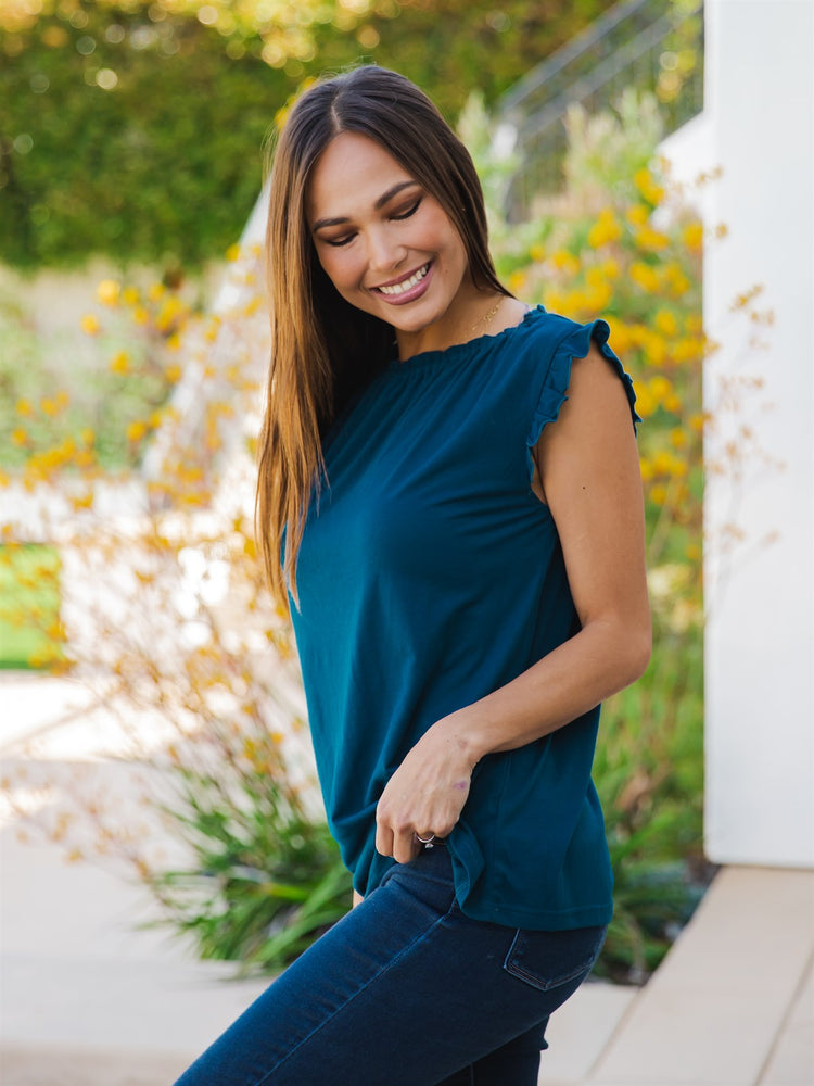 Solid Ruffle Sleeve Top - Blue