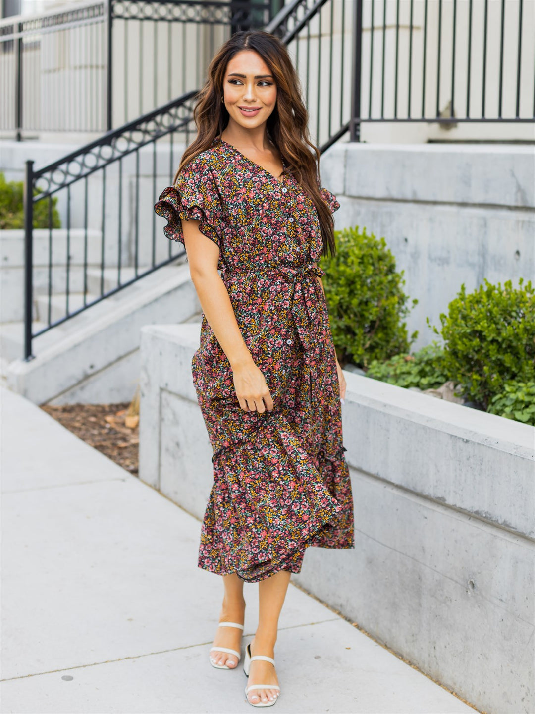 Floral Belted Whitney Dress - Black
