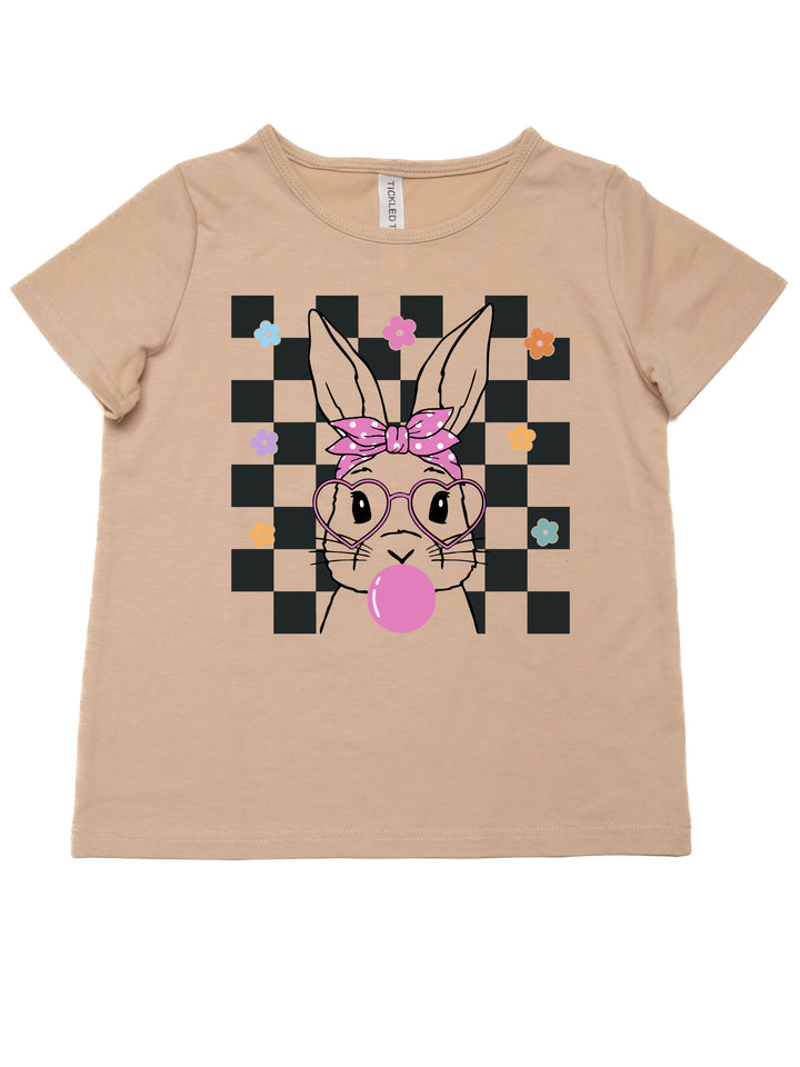 Bunny with Glasses (Checker Background) Kids Graphic Tee