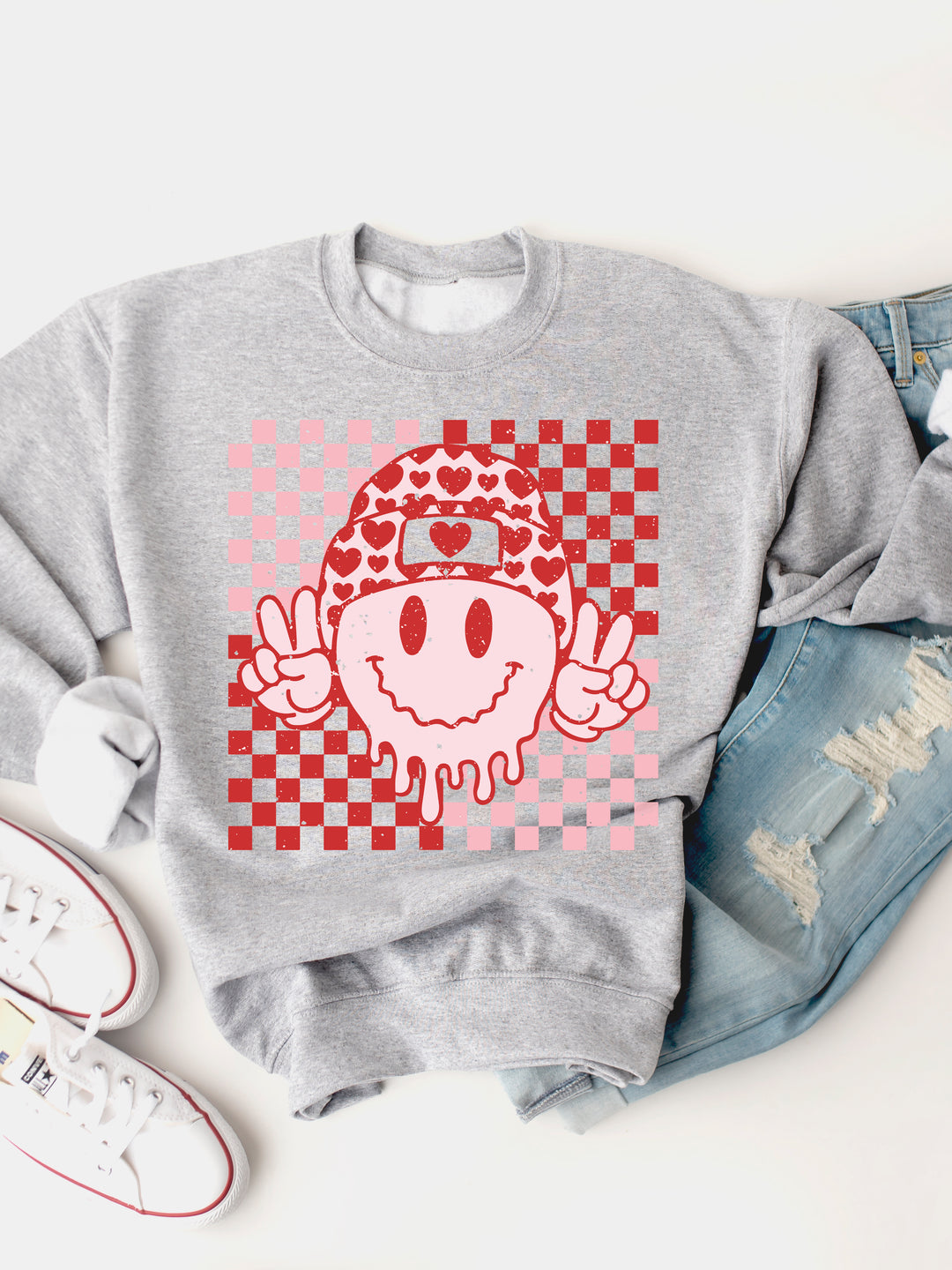 Checker Valentine Smiley Face Graphic Sweatshirt