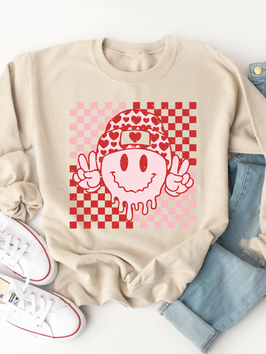 Checker Valentine Smiley Face Graphic Sweatshirt