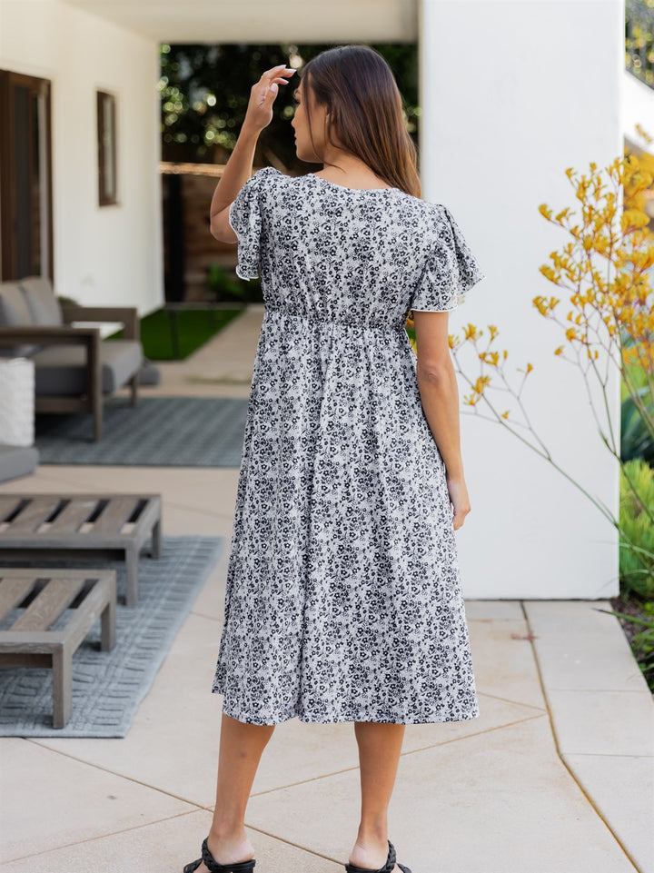 Ruffle Floral Sleeve Dress - White