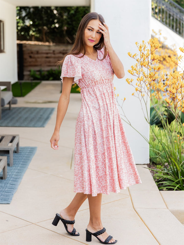 Ruffle Floral Sleeve Dress - Pink