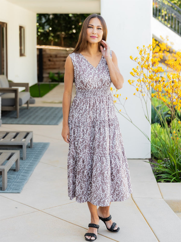 Pretty Floral Tank Dress - Tan