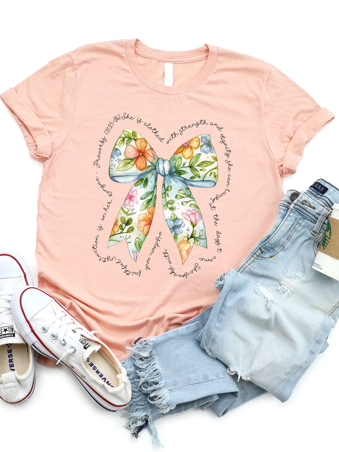 Colorful Floral Bow She is Clothed in Strength Graphic Tee