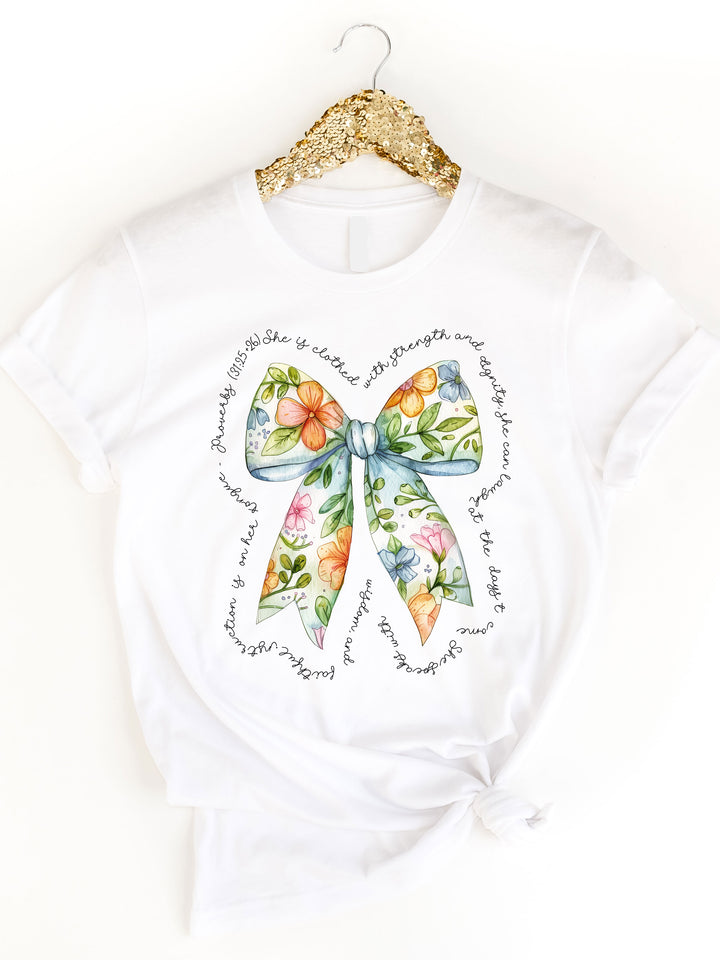 Colorful Floral Bow She is Clothed in Strength Graphic Tee