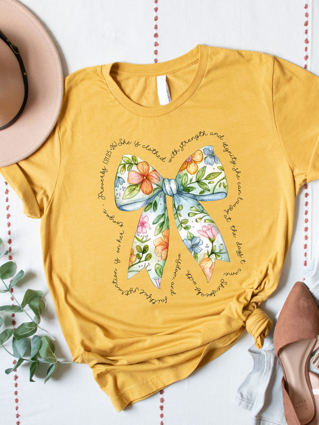 Colorful Floral Bow She is Clothed in Strength Graphic Tee