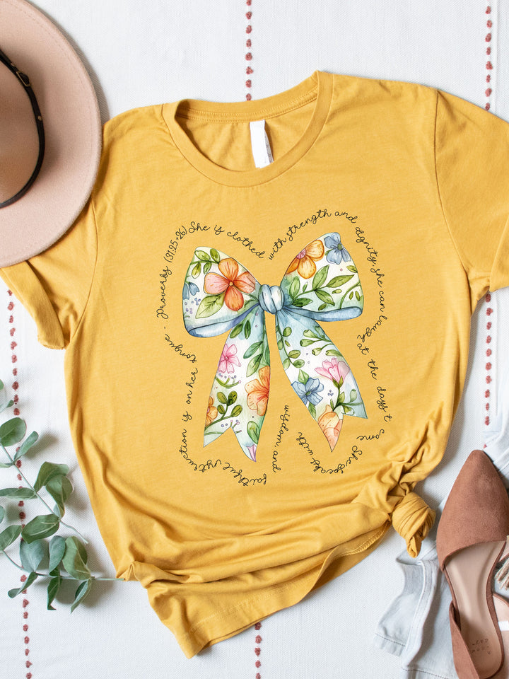 Colorful Floral Bow She is Clothed in Strength Graphic Tee