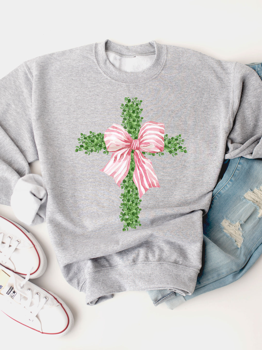 Greenery Cross Striped Bow Graphic Sweatshirt