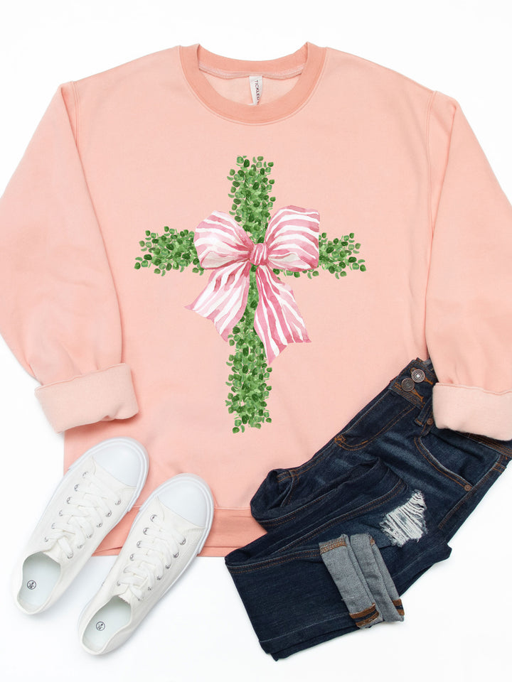 Greenery Cross Striped Bow Graphic Sweatshirt