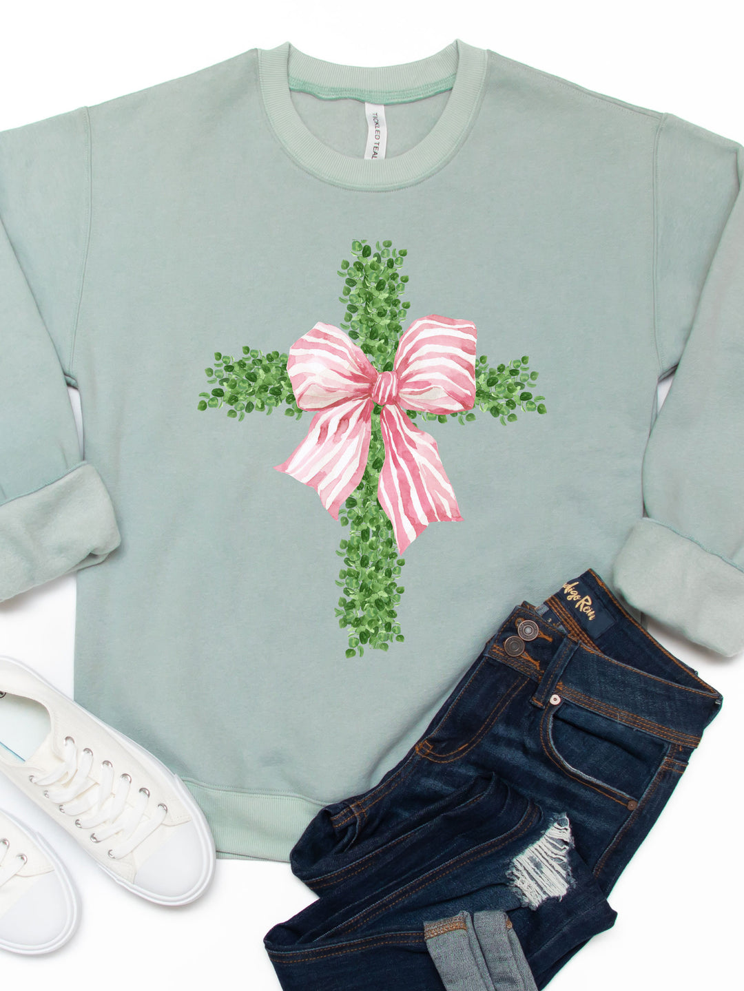 Greenery Cross Striped Bow Graphic Sweatshirt