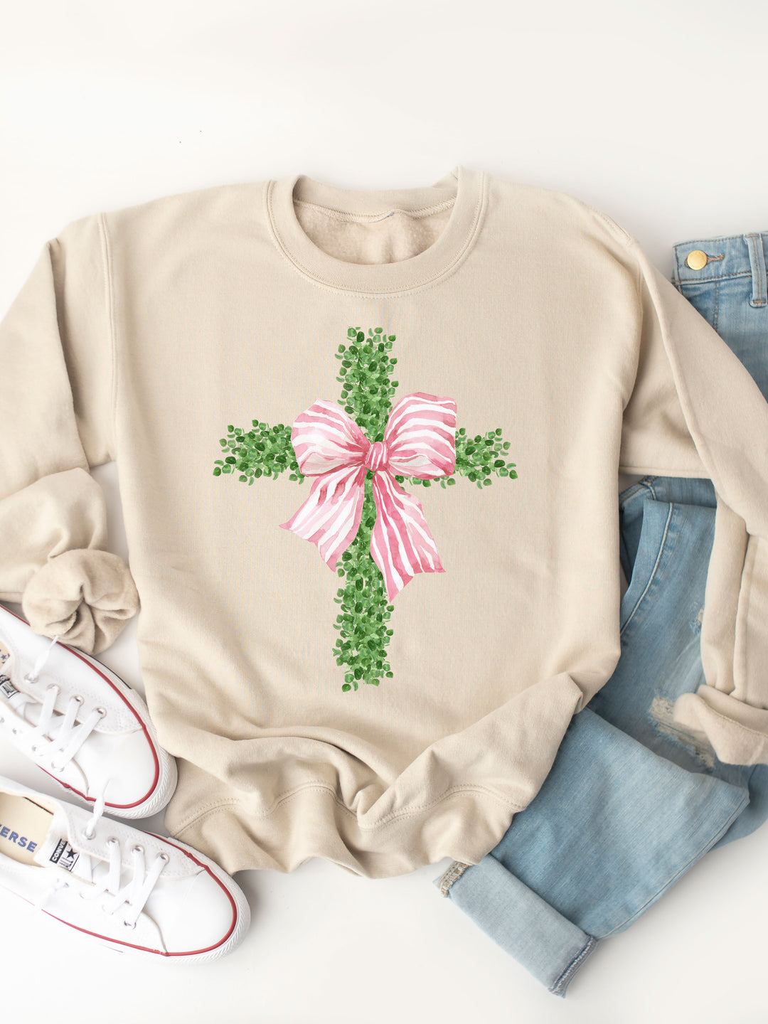 Greenery Cross Striped Bow Graphic Sweatshirt