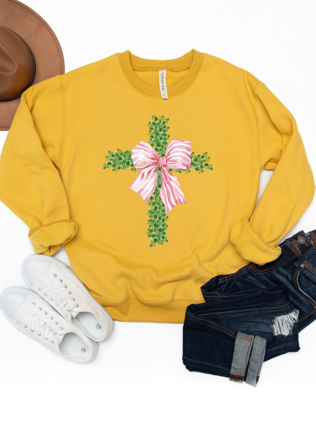 Greenery Cross Striped Bow Graphic Sweatshirt