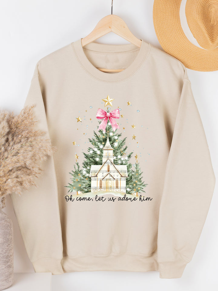 Beige sweatshirt with Christmas tree and church design on a white background