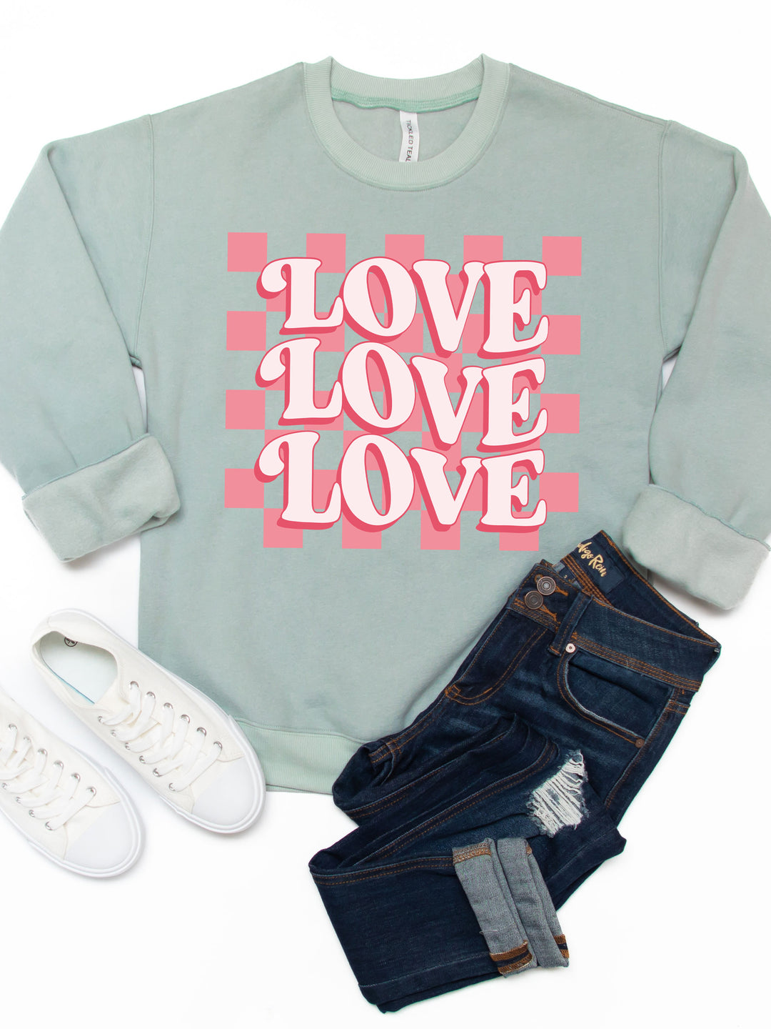Checker Background Love Graphic Sweatshirt