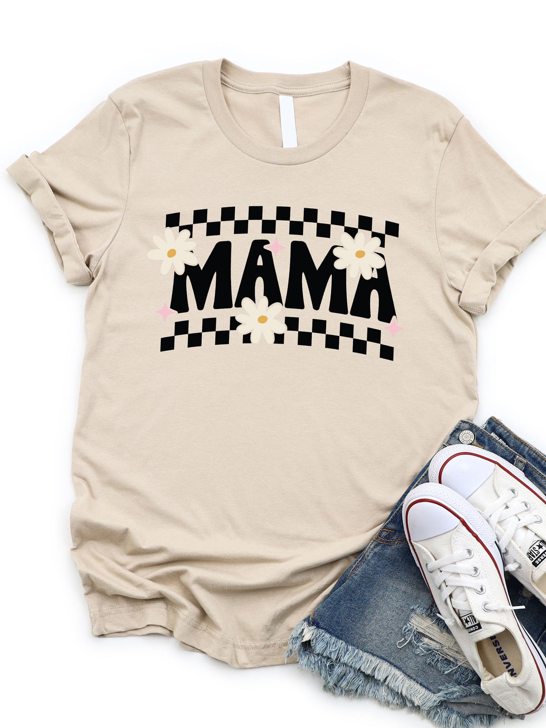 Checkered Mama with Daisies Graphic Tee