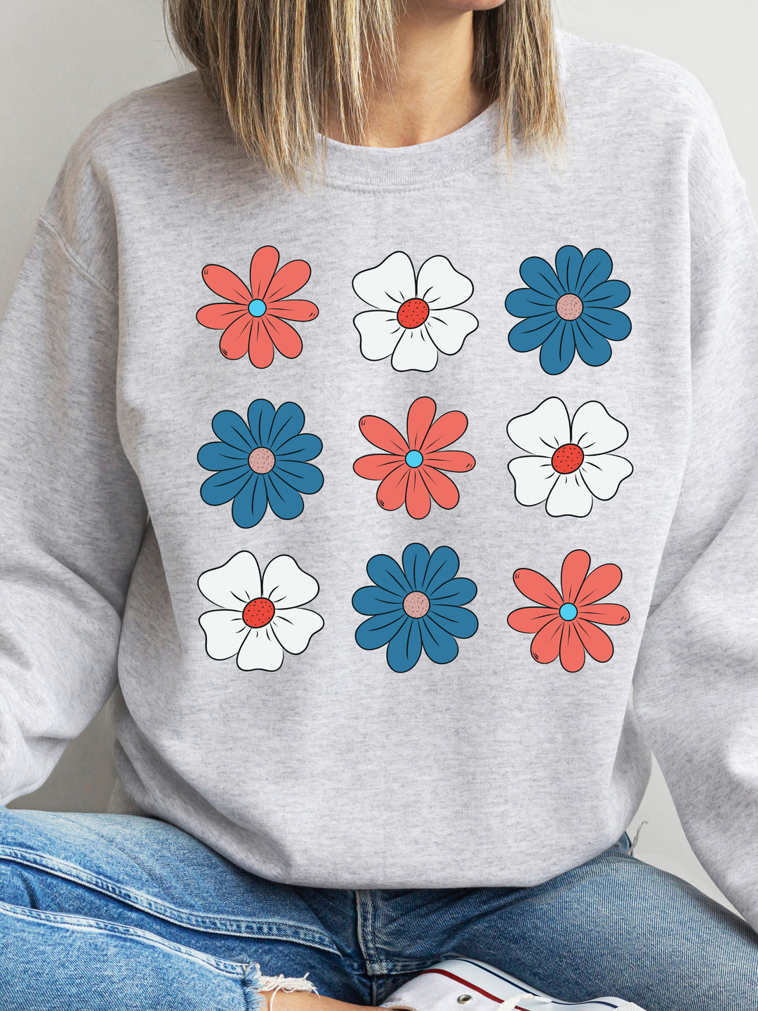 Red White Blue Daisies Graphic Sweatshirt