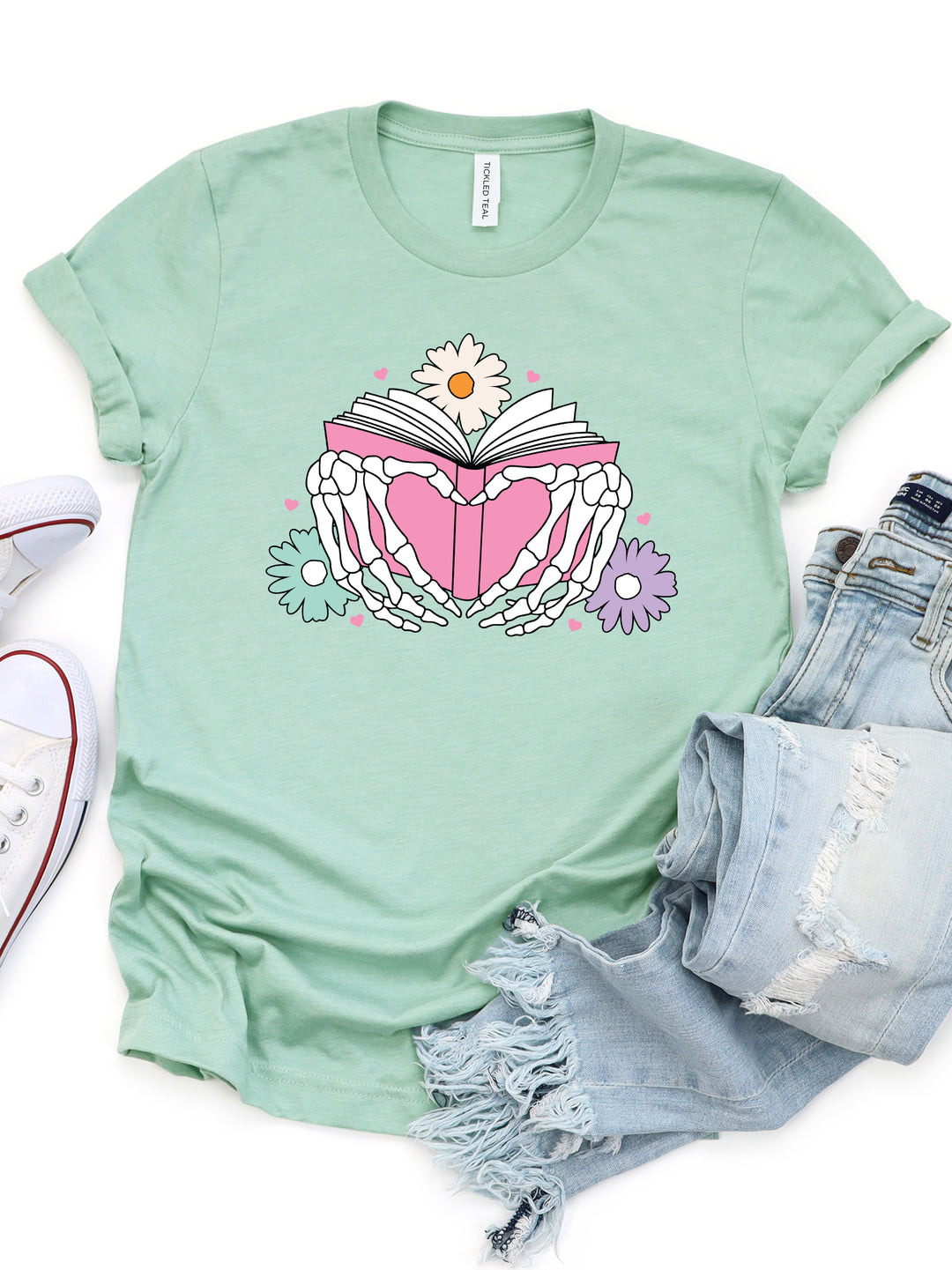 Skeleton Hand Heart Book Graphic Tee