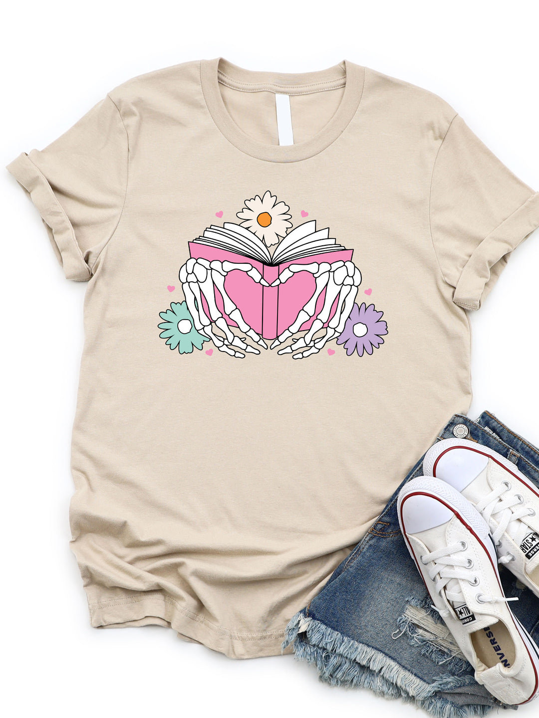 Skeleton Hand Heart Book Graphic Tee