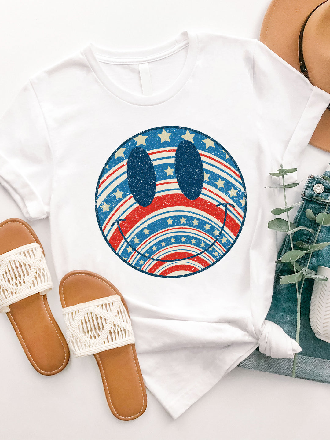 Star Stripes Smiley Face Graphic Tee