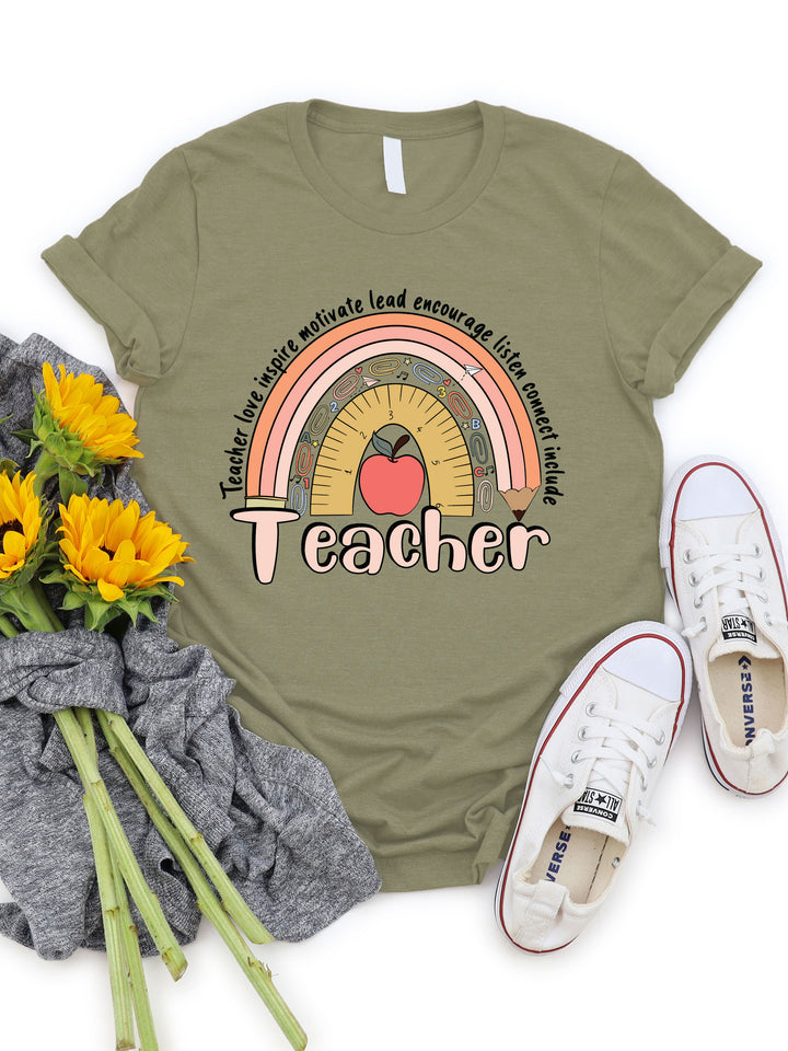 Teacher Pencil Ruler Rainbow Graphic Tee