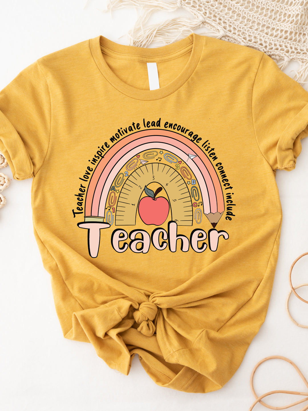 Teacher Pencil Ruler Rainbow Graphic Tee
