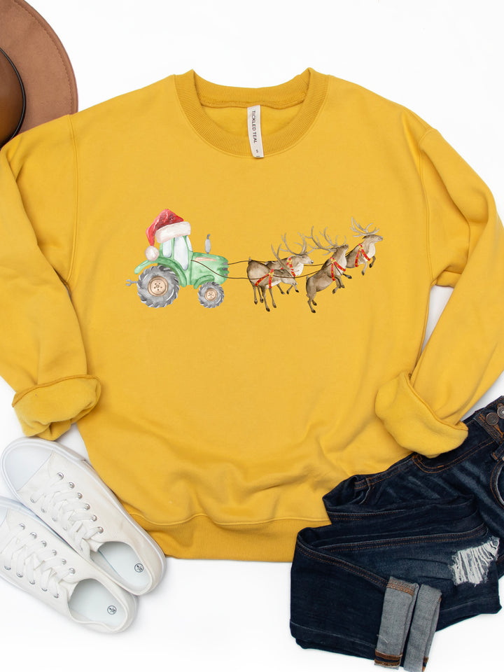 Tractor Sleigh With Reindeer - Christmas Graphic Sweatshirt