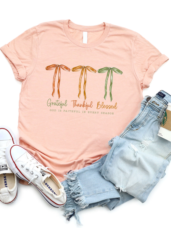 Grateful Thankful Blessed Triple Bow Graphic Tee