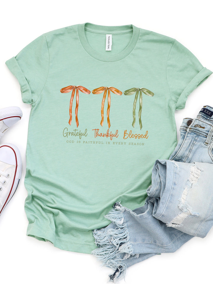 Grateful Thankful Blessed Triple Bow Graphic Tee