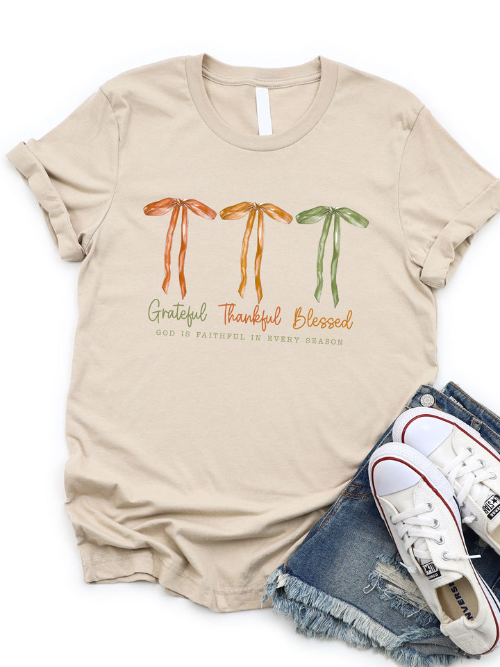 Grateful Thankful Blessed Triple Bow Graphic Tee