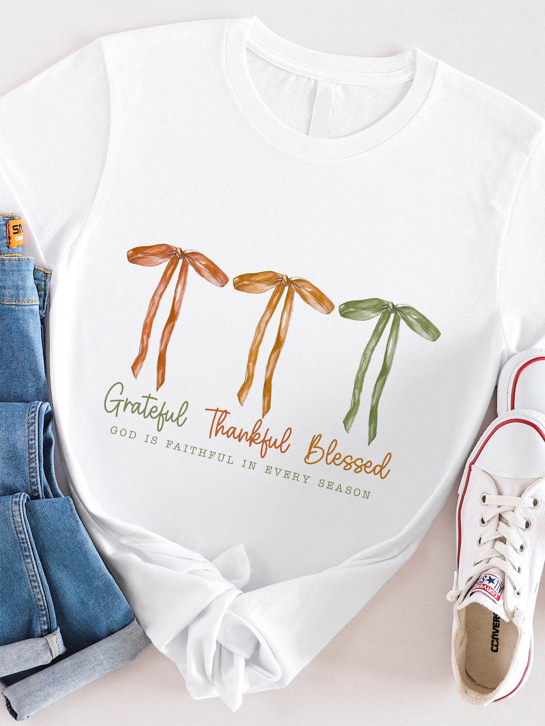Grateful Thankful Blessed Triple Bow Graphic Tee