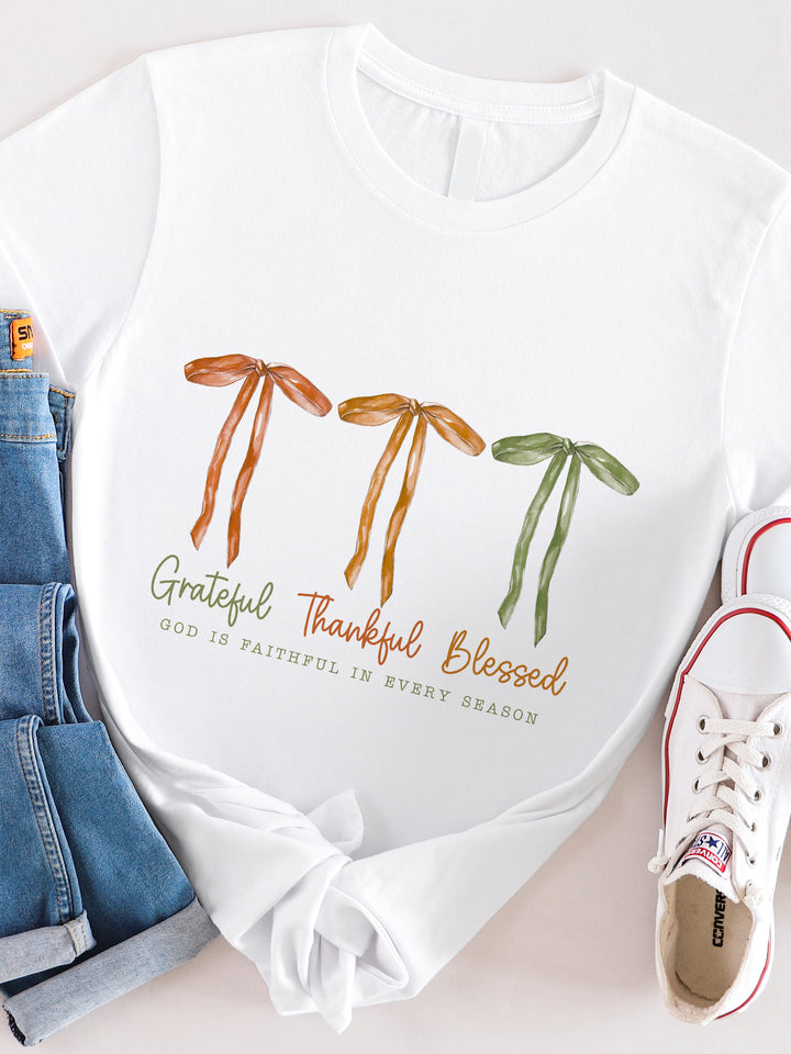 Grateful Thankful Blessed Triple Bow Graphic Tee