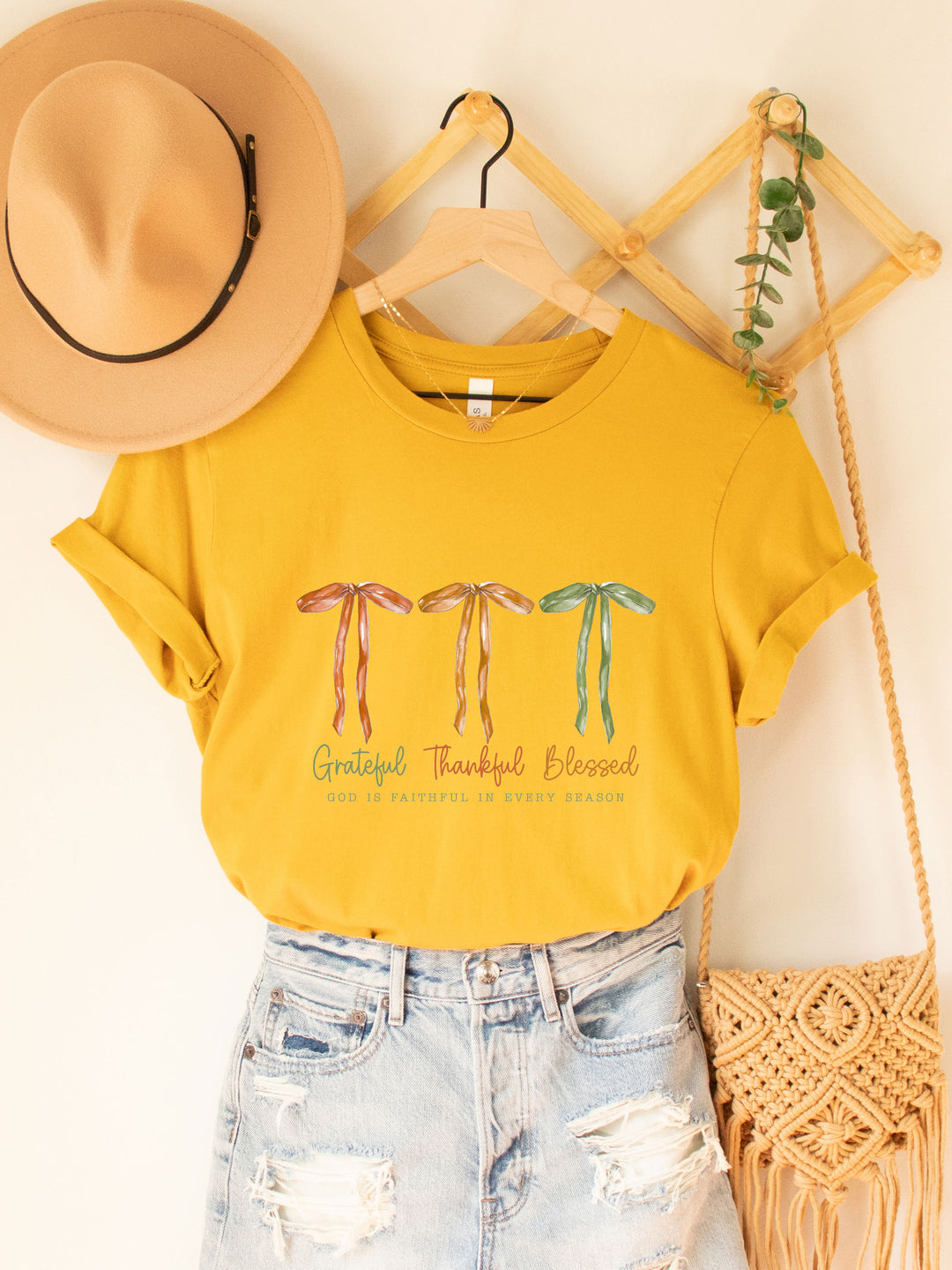 Grateful Thankful Blessed Triple Bow Graphic Tee